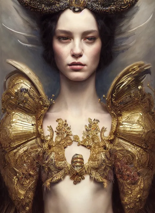 Prompt: highly detailed oil painting | very intricate | cinematic lighting | award - winning | swan warrior high couture by alexander mcqueen | by roberto ferri, by tom bagshaw, by j. c. leyendecker and klimt, american romanticism, by austin osman spare, artstation, cgsociety, official art, octane