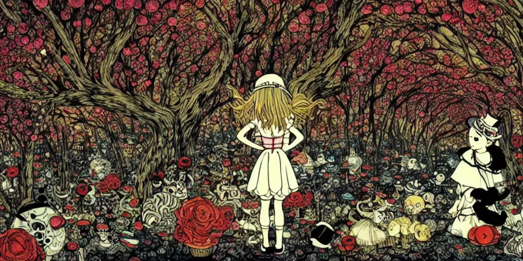 Prompt: alice in wonderland ( 2 0 1 0 ) movie still frame by yuko shimizu by murakami by tim burton