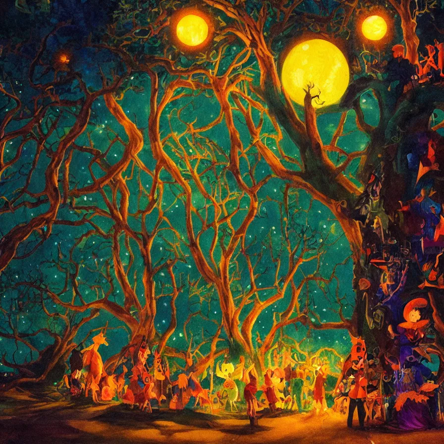 Image similar to closeup of a night carnival inside a magical tree cavity, with a surreal orange moonlight and fireworks, next to a lake with iridiscent water, christmas lights, folklore animals and people disguised as fantastic creatures in a magical forest by summer night, masterpiece painted by john watkiss, scene by night, dark night environment, refraction lights, glares