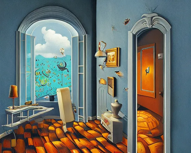 Image similar to room of wonders, an ultrafine detailed painting by rafal olbinski, behance contest winner, pop surrealism, detailed painting, very detailed, minimalist, skeuomorphic, airbrush art