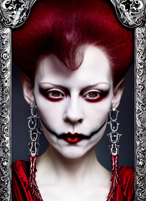 Prompt: surreal highly detailed photo portrait of a beautiful female vampire queen, short wavy silver hair, depressing hopeless horrific vibe, 150 mm lens, soft rim light, bold ornate crimson robes with silver lace trim, pronounced facial contouring, sly expression, pale skin, dark studio background, Alexander McQueen, high fashion, haute couture, rococo, anatomical, elegant, hyper realistic, octane render, unreal engine 5, art by John Collier and Albert Aublet and Krenz Cushart and Artem Demura and Alphonse Mucha, hints of Dan Hillier and H. R. Giger, volumetric lighting, 8k, vibrant high contrast coloring, Art Nouveau, masterpiece, intricate, ethereal