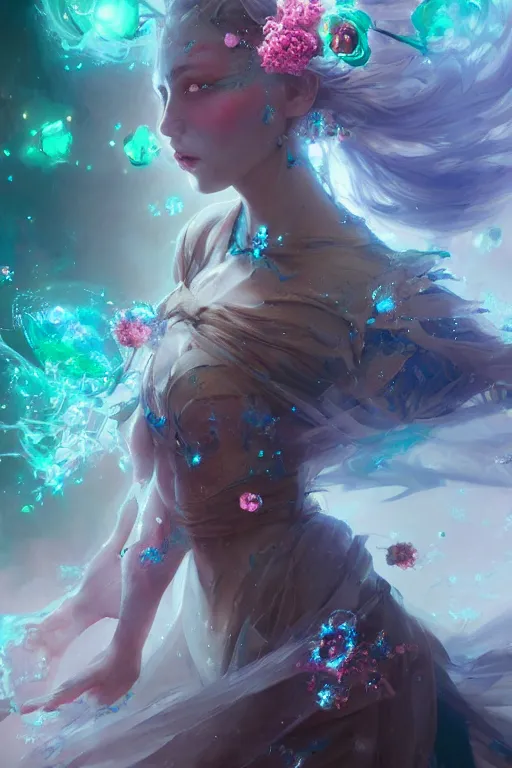 Image similar to beautiful girl necromancer covered with crystals exploding space, 3 d render, hyper realistic detailed portrait, holding magic flowers, ruan jia, wlop. scifi, fantasy, hyper detailed, octane render, concept art, peter mohrbacher