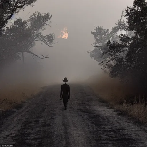 Prompt: a silhouette of a man wearing a cowboy hat walking down a dusty road at dusk away from a forest engulfed in a towering inferno