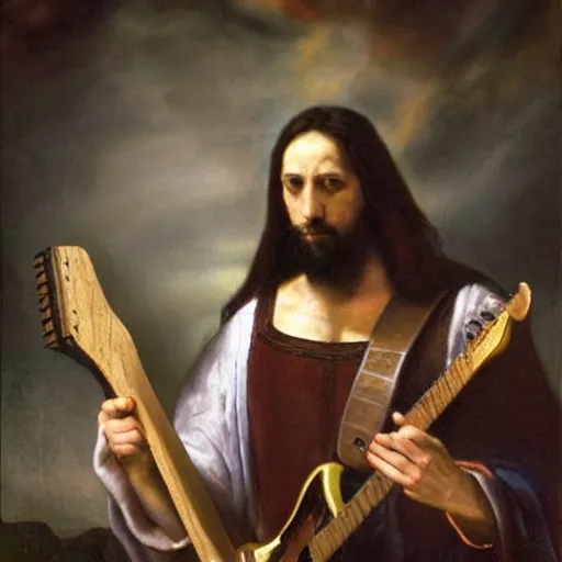 Prompt: john petrucci as jesus christ portrait, atmospheric lighting, painted, intricate, highly detailed by rembrandt