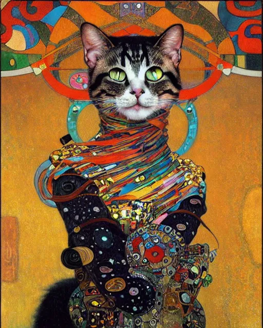 Image similar to punk cat portrait an oil painting splashes with many colors and shapes by gustav klimt greg rutkowski and alphonse mucha, polycount, generative art, psychedelic, fractalism, glitch art