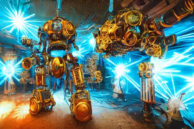 Prompt: scene is flower power party in pacha in ibiza, portrait photo of a giant huge golden and blue metal steampunk robot, with gears and tubes, eyes are glowing red lightbulbs, shiny crisp finish, 3 d render, 8 k, insaneley detailed, fluorescent colors, haluzinogetic, background is multicolored lasershow