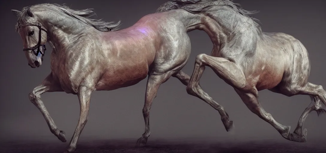 Prompt: perfect well defined horse by David Manzur, full body, complete scene, ornate, details, smooth, sharp focus, illustration, realistic, cinematic, artstation, award winning, rgb , unreal engine, octane render, cinematic light, iridescent details, iridescent colors, dichroic, macro, depth of field, blur, 8K,