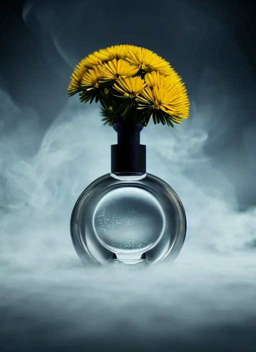 Image similar to perfume bottle standing in the center of an enchanted smokey cloud puff made of daisies, blurred background contoured smooth fair walls, up close shot, sharp focus, global illumination, radiant light, alexandre ferra, irakli nadar, octane highly render, 4 k, ultra hd,