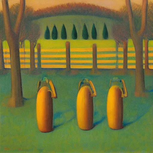 Image similar to an orchard for growing robots, grant wood, pj crook, edward hopper, oil on canvas