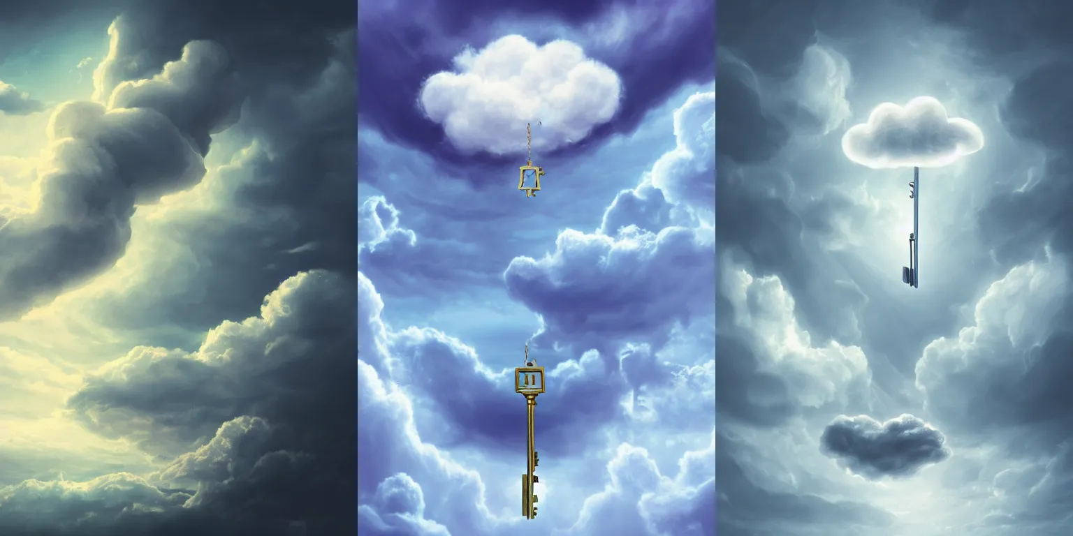 Prompt: Clouds. Storm. Key in the clouds. Levitating key. Floating key. Fantasy, digital painting, HD, 4k, detailed, artwork, bloom, lighting.