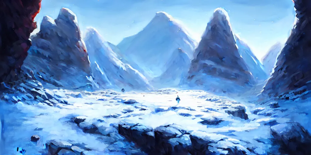 Prompt: landscape of a frozen mountain pass, snowy, rocky, cinematic view, blue sky, detailed, concept art, low angle, high detail, realistic, warm lighting, volumetric, godrays, vivid, artstation, digital painting by jordan grimmer and greg rutkowski