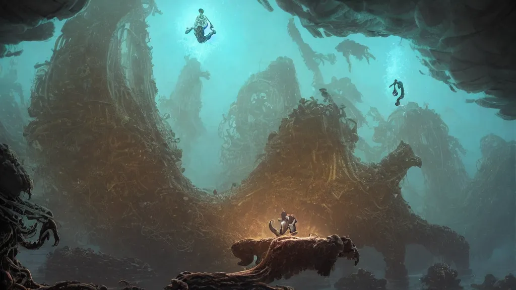 Image similar to A diver is under the sea, he has a treasure with him, he is swimming away from the giant Cthulhu that is behind hunting him, this is an extravagant planet with wacky wildlife and some mythical animals, the background is full of ancient ruins, the ambient is dark with a terrifying atmosphere, by Jordan Grimmer digital art, trending on Artstation,