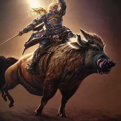 Image similar to hyperrealistic mixed media painting of Trump as a Warlord Riding a Boar, stunning 3d render inspired art by P. Craig Russell and Barry Windsor-Smith, 8k octane beautifully detailed render, post-processing, extremely hyperdetailed, intricate, epic composition, grim yet sparkling atmosphere, cinematic lighting + masterpiece, trending on artstation, very detailed, masterpiece, stunning