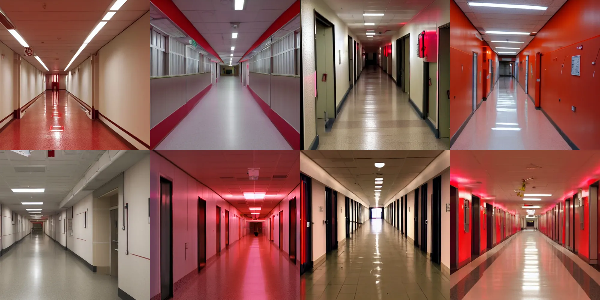 Prompt: an endless, liminal hallway of a hospital with stretchers and medical equipment littering the hall under red lighting with exit signs overhead.