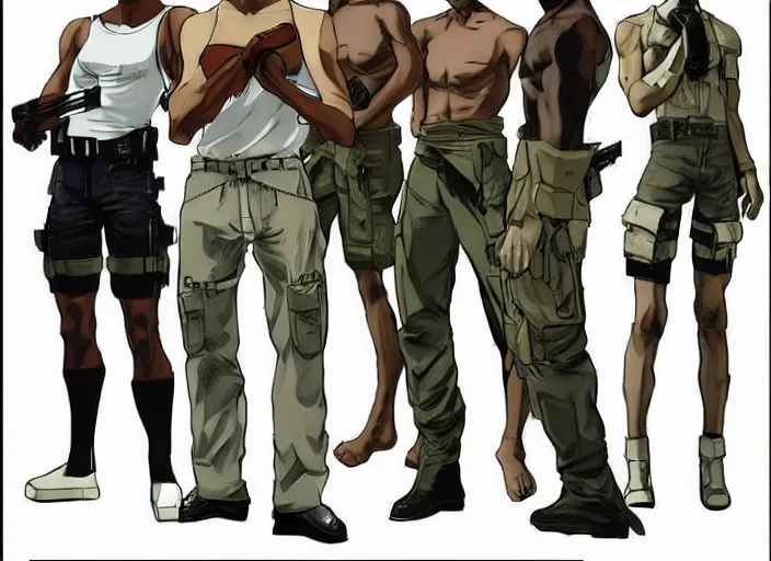 Image similar to character design sheet illustrated by yoji shinakawa, metal gear solid, bald african-american male teenager wearing a white tank-top