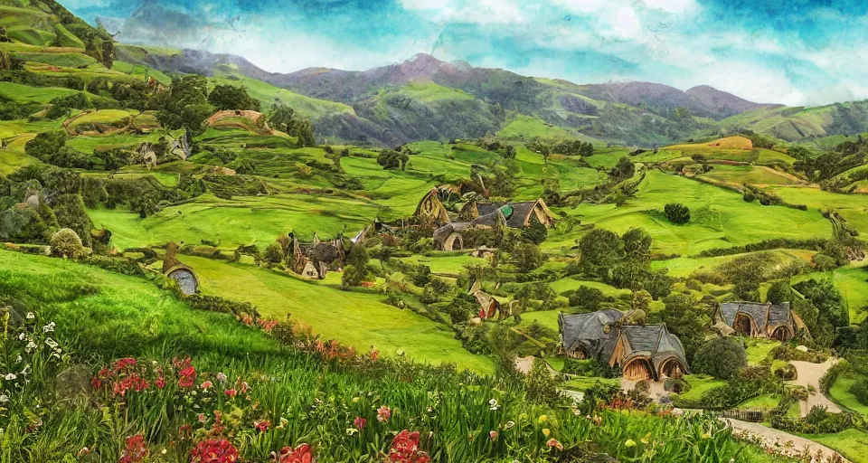 Image similar to verdant valley and rolling hills, hobbiton, middle earth, storybook illustration