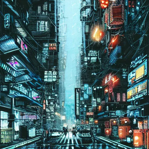 Image similar to hyper detailed illustration of a cyberpunk city at nighttime with rain, by Kev Walker, simon bisley and paolo parente