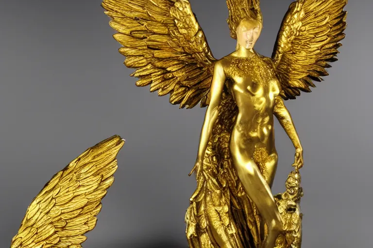 Image similar to a surreal angel with gilded wings and gold accents by Stephan Duquesnoy,