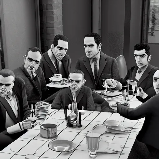 Image similar to a mafia family having dinner around a table, 3 d render octane, trending on artstation