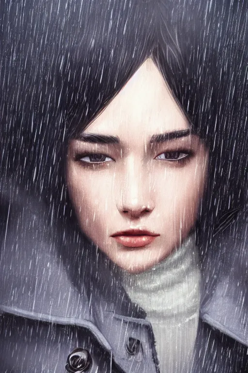 Prompt: highly detailed close-up of a beautiful girl with a very stylish trenchcoat on an empty street at night by Ilya Kuvshinov, black medium length Dutch bob cut hair with straight bangs, heavy rain and mist, streetlights, rich cinematic atmosphere, poster, film noir, krenz cushart, depth of field, digital art