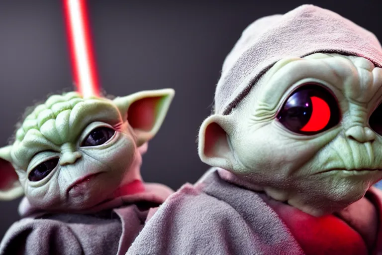 Prompt: Sith!! Baby Yoda!!, black robes, spot lit, closeup shallow depth of field, red glowing eyes