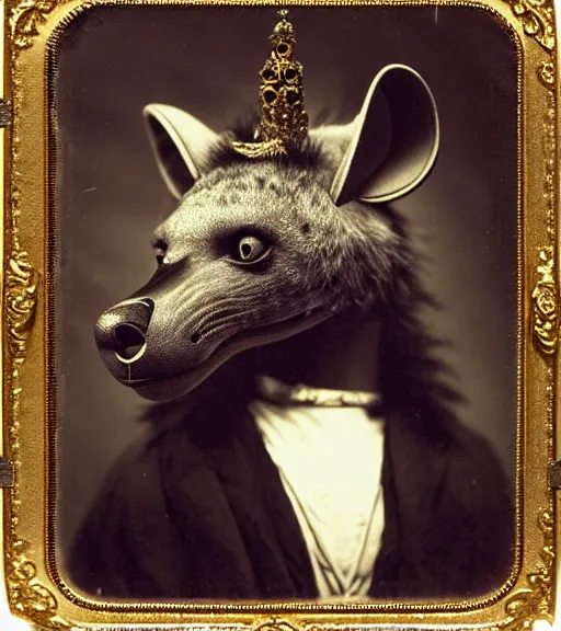 Image similar to professional studio photo portrait of anthro anthropomorphic spotted hyena head animal person fursona smug smiling wearing elaborate pompous royal king robes clothes gold frame by Louis Daguerre daguerreotype tintype