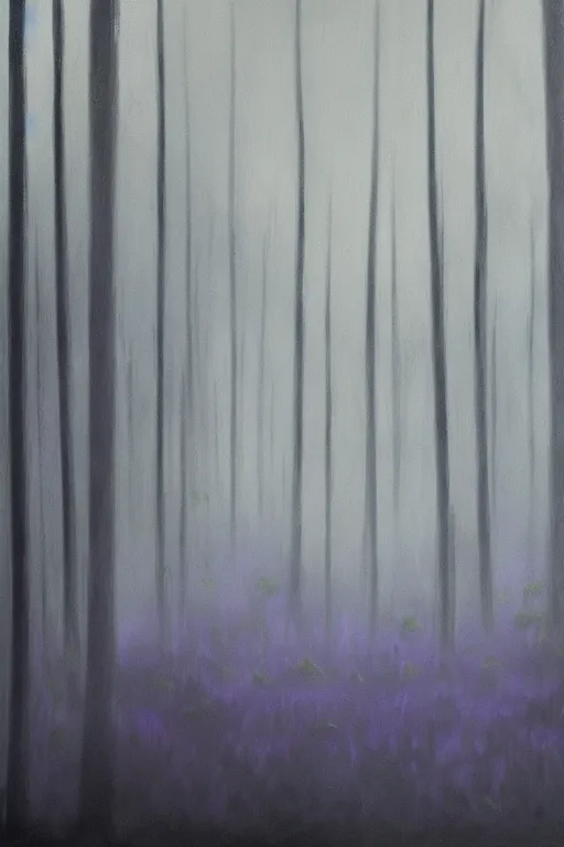 Prompt: dark and spooky painting of a forest dimly lit at night with tiny purple morning glory flowers trailing at the base of trees. foggy cinematic volumetric darkness, muted colour palette, detailed oil painting on canvas