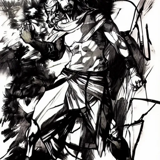 Prompt: jesus in a jojo dramatic pose, artwork by yoji shinkawa