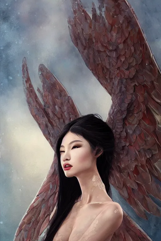 Image similar to a professional painting of a beautiful fallenangel geisha , olive skin, long dark hair, beautiful bone structure, symmetrical facial features, intricate, elegant, digital painting, concept art, smooth, sharp focus, illustration, by Ruan Jia and vitaly bulgarov and andrew nash and and Mandy Jurgens and musha and Artgerm and William-Adolphe Bouguerea