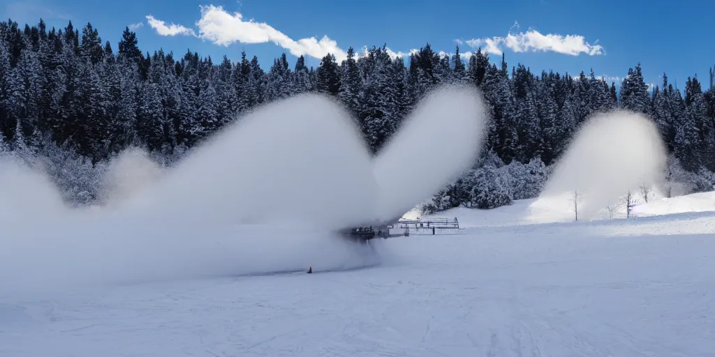 Prompt: snowgun, snowmaking, mountains at background, clear weather, 4 k,