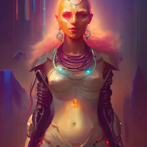 Prompt: a portrait of a beautiful cybernetic gypsie, cyberpunk concept art by pete mohrbacher and wlop and artgerm and josan gonzales, digital art, highly detailed, intricate, sci-fi, sharp focus, Trending on Artstation HQ, deviantart, unreal engine 5, 4K UHD image