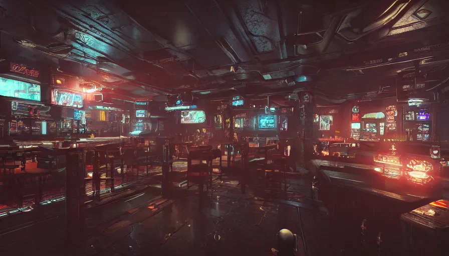 Image similar to cyberpunk themed pub, very detailed, octane render, 4 k, trending on artstation