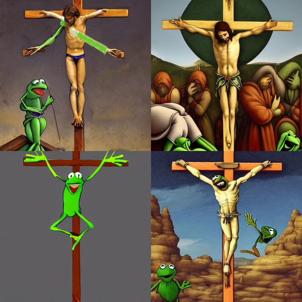 Prompt: crucifixion of kermit the frog by michelangelo