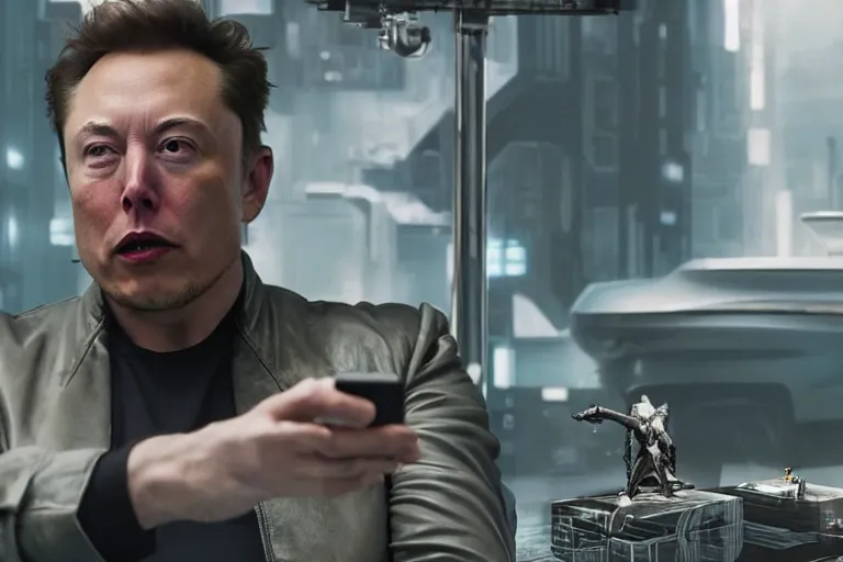 Image similar to hyperrealism aesthetic ridley scott and denis villeneuve style photography of a detailed hyperrealism elon musk, siting on a detailed cyberpunk toilet and scrolling his smartphone in hyperrealism scene from detailed art house movie in style of alejandro jodorowsky and wes anderson