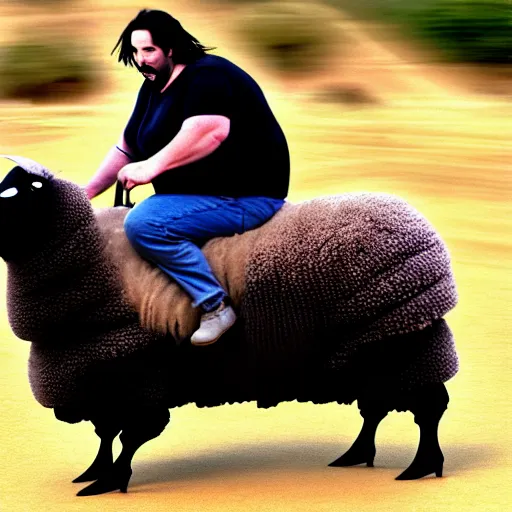 Image similar to morbidly obese keanu reeves riding a texel sheep, photo, detailed, 4 k