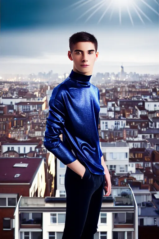 Image similar to un ultra high definition studio quality photographic art portrait of a young man standing on the rooftop of a british apartment building wearing soft padded silver pearlescent clothing. three point light. extremely detailed. golden ratio, ray tracing, volumetric light, shallow depth of field. set dressed.