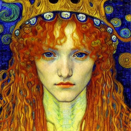 Image similar to detailed realistic beautiful young medieval queen face portrait by jean delville, gustav klimt and vincent van gogh, art nouveau, symbolist, visionary, gothic, pre - raphaelite