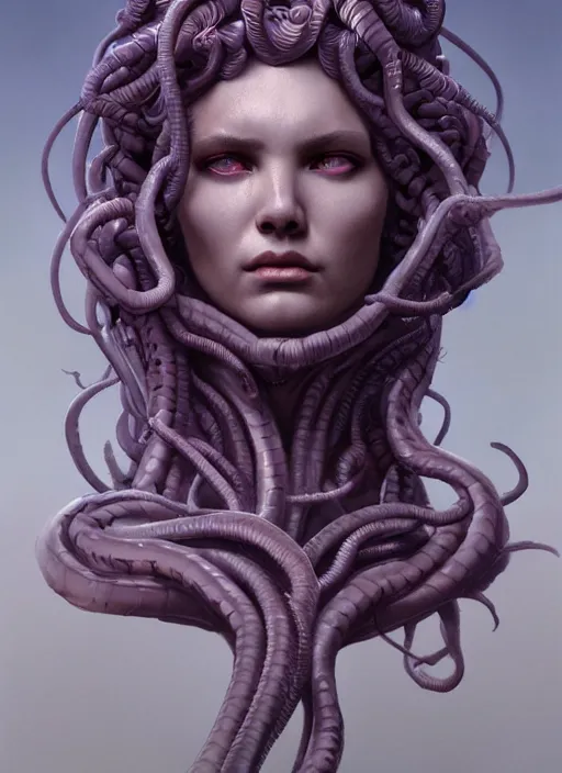 Prompt: Medusa, detailed face, very detailed, dramatic lighting, electrical details, high details, 4k, 8k, trending on artstation, by Greg Rutkowski, Wayne Barlowe, Hajime Sorayama and Boris Vallejo