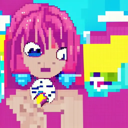 Prompt: colorful anime girl with big eyes eating ice cream pixel art