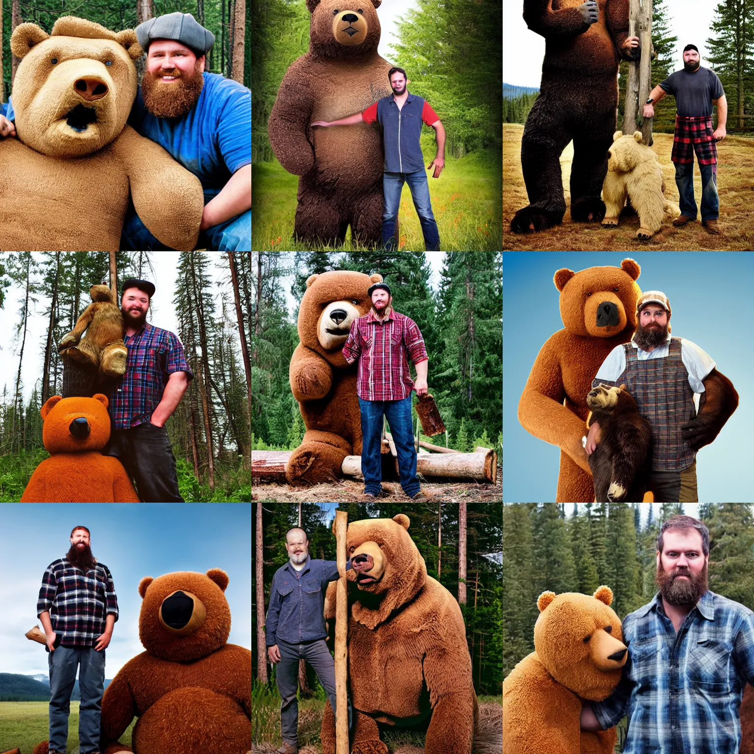 Prompt: portrait photo of a lumberjack man and his 2 0 feet tall giant bear pet