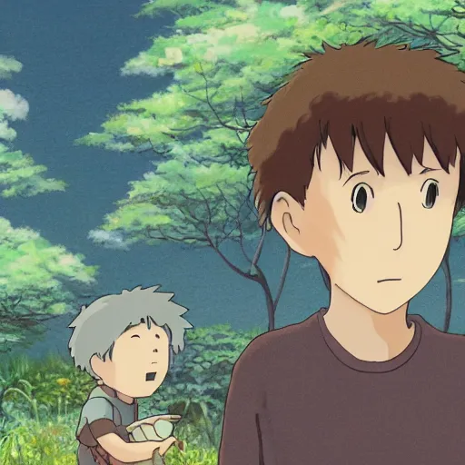 Prompt: friendly guy and small creature , with Fragile looking character portrait face made in Studio Ghibli artstyle ,highly detailed art, beautiful scene, sharp focus, smooth, 8k, anime art, ghibli style