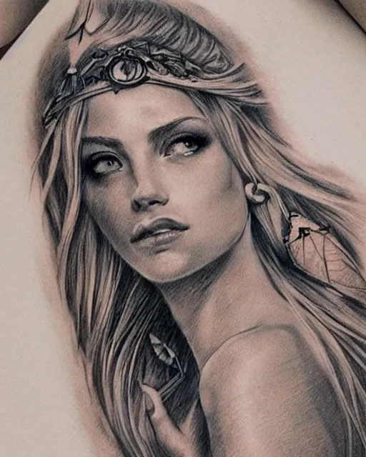 Image similar to tattoo sketch of beautiful greek goddess aphrodite with arrowhead earrings, beautiful piercing eyes, flowing blonde hair, realistic face, hyper realistic, in the style of greg rutkowski, fantasy, amazing detail, epic, intricate, elegant, smooth, sharp focus