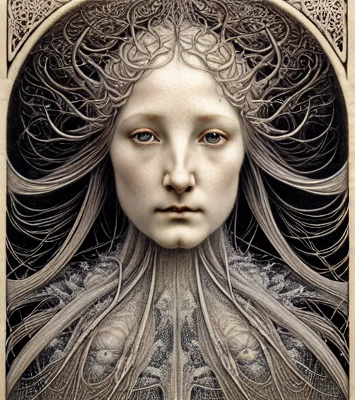 Prompt: detailed realistic beautiful snow goddess face portrait by jean delville, gustave dore, iris van herpen and marco mazzoni, art forms of nature by ernst haeckel, art nouveau, symbolist, visionary, gothic, neo - gothic, pre - raphaelite, fractal lace, intricate alien botanicals, ai biodiversity, surreality, hyperdetailed ultrasharp octane render