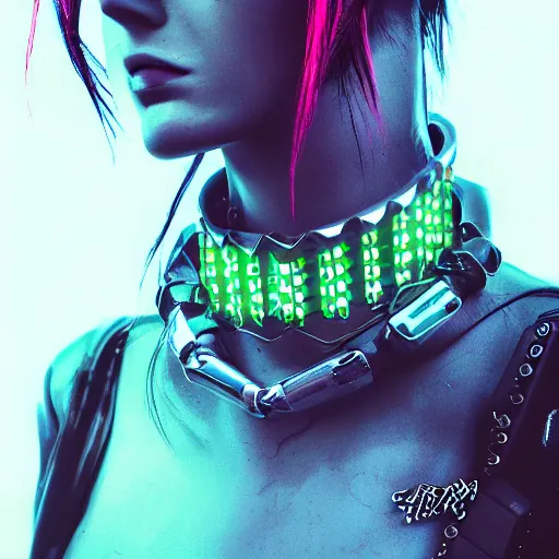 Image similar to detailed realistic cyberpunk female character cyberpunk wearing large steel collar around neck, realistic, art, beautiful, 4K, collar, choker, collar around neck, punk, artstation, detailed, female, woman, choker, cyberpunk, neon, punk, collar, choker, collar around neck, thick collar, choker around neck, wearing choker, wearing collar, bright neon punk hair, collar, choker,