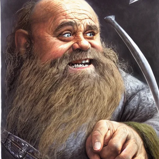 Image similar to danny devito as gimli, by alan lee, frank reynolds, lord of the rings calendar, smooth, detailed terrain, oil painting, matte painting, concept art, trending on artstation, promotional artwork, film still