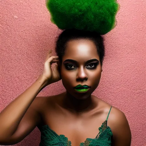 Prompt: a realistic model photoshoot of a black girl with green afro hair, beautiful, model, professional picture, realistic, 4 k, bright light, portrait