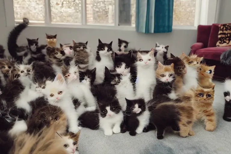 Prompt: a living room full of cute kittens that are all facing the camera