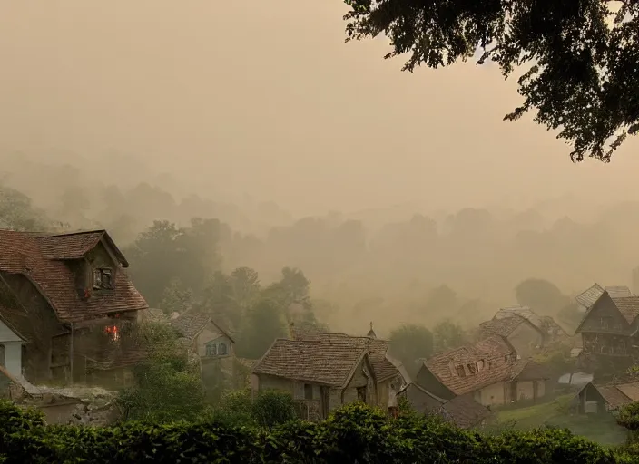 Image similar to and furnished by the late afternoon light, mist curdling like a blurry feast, the haze descends upon this idyllic village, and it is time to rest. the most pleasing, soothing sound can be heard from secret corners of this cozy place. we are safe inside these walls. we are at peace.