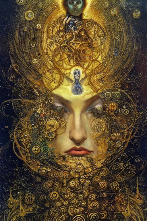 Image similar to Divine Chaos Engine by Karol Bak, Jean Deville, Gustav Klimt, and Vincent Van Gogh, beautiful visionary mystical portrait, sacred, otherworldly, fractal structures, Surreality, ornate gilded medieval icon, third eye, spirals