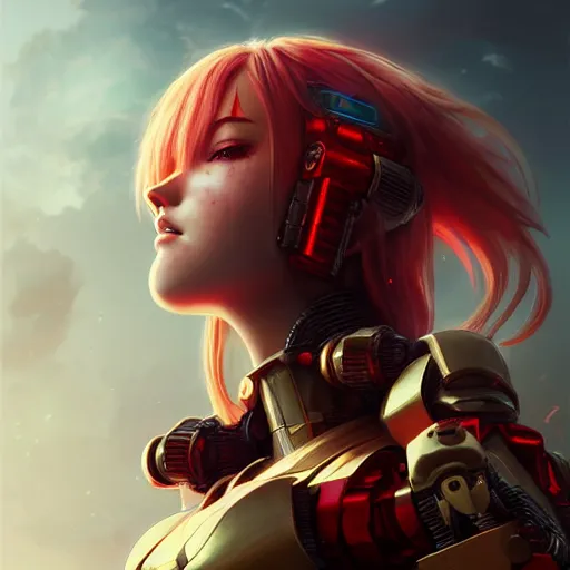 Prompt: cute red armored cyborg - girl by ross draws, long gold hair, yellow eyes, rtx reflections, octane render 1 2 8 k, extreme high intricate details by wlop, digital anime art by tom bagshaw, black shadows, stylized shading